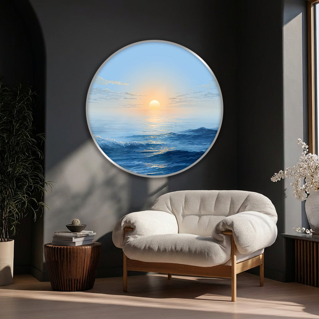 Glowing with the sun's radiant light, this minimalist ocean sunrise round canvas art prints evokes the serenity of a calm blue seascape.