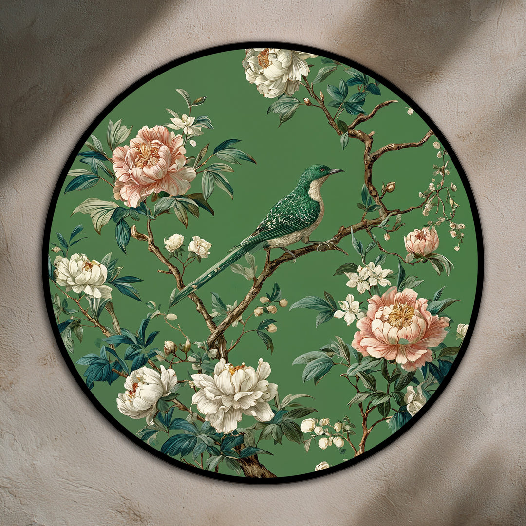 Round, horizontal emerald songbird among blossoms oil painting showcases a charming oil painting decoration suitable for any living space.