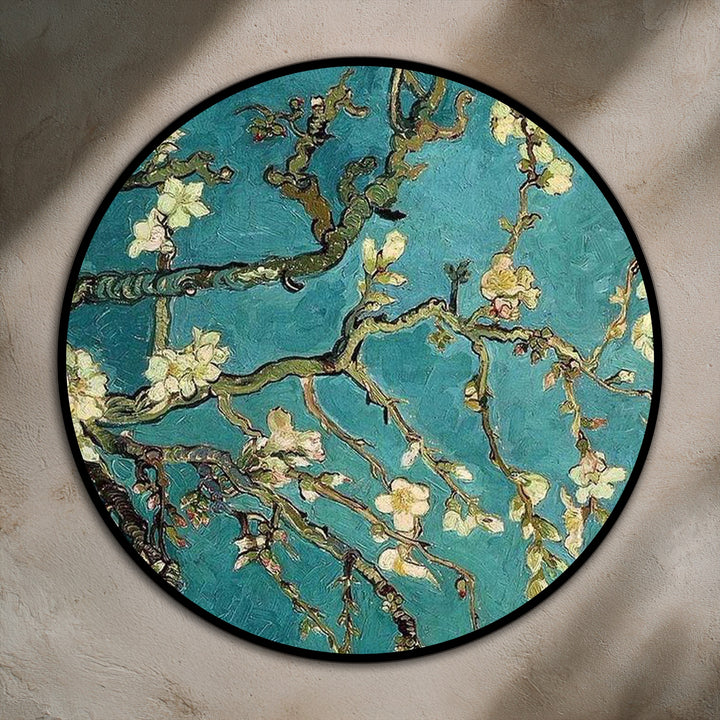 Center stage, the almond blossoms become a captivating focal point in this Blossoming Sky round oil painting home decor, swirling around the turquoise sky.