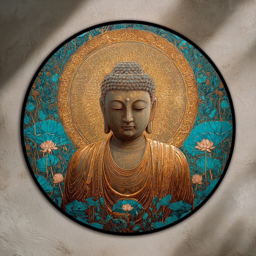Dominated by gold and teal, this round oil painting art prints showcase a golden Buddha amidst lotus flowers, creating a serene and spiritual ambiance.