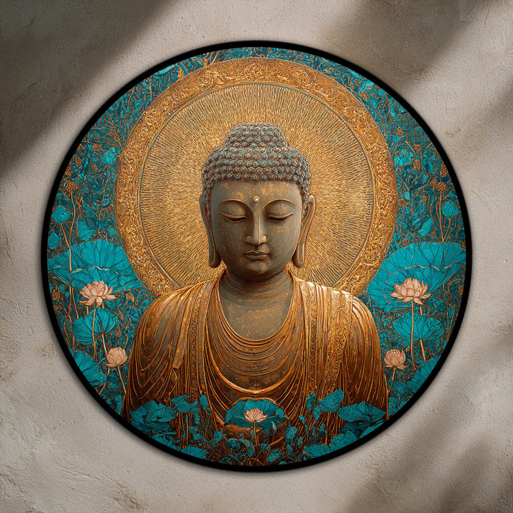 Dominated by gold and teal, this round oil painting art prints showcase a golden Buddha amidst lotus flowers, creating a serene and spiritual ambiance.