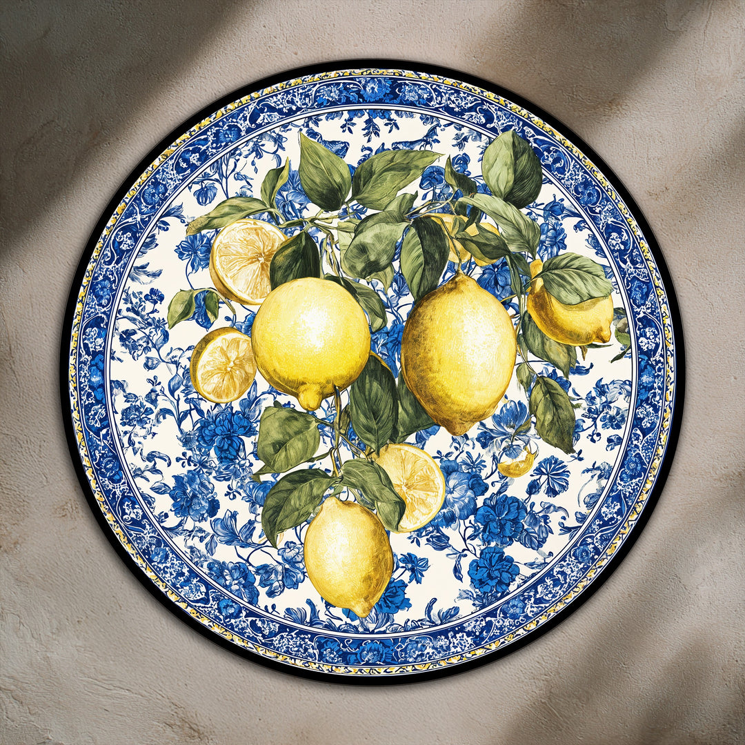 Mediterranean Freshness – Lemon & Blue Floral Round Oil Painting