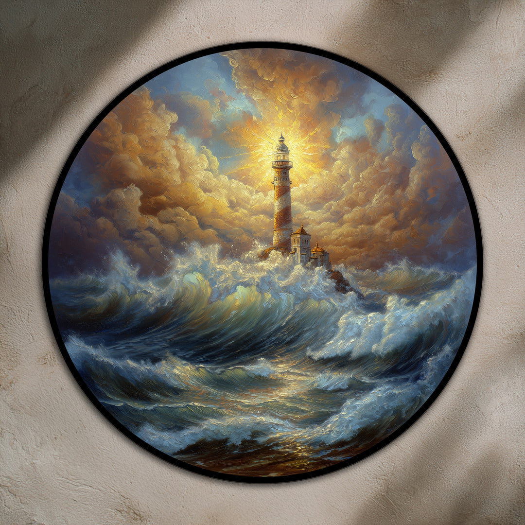 Crashing waves highlighted in sunlight dominate the foreground of this round modern oil painting art, featuring a lighthouse amidst a stormy sea.