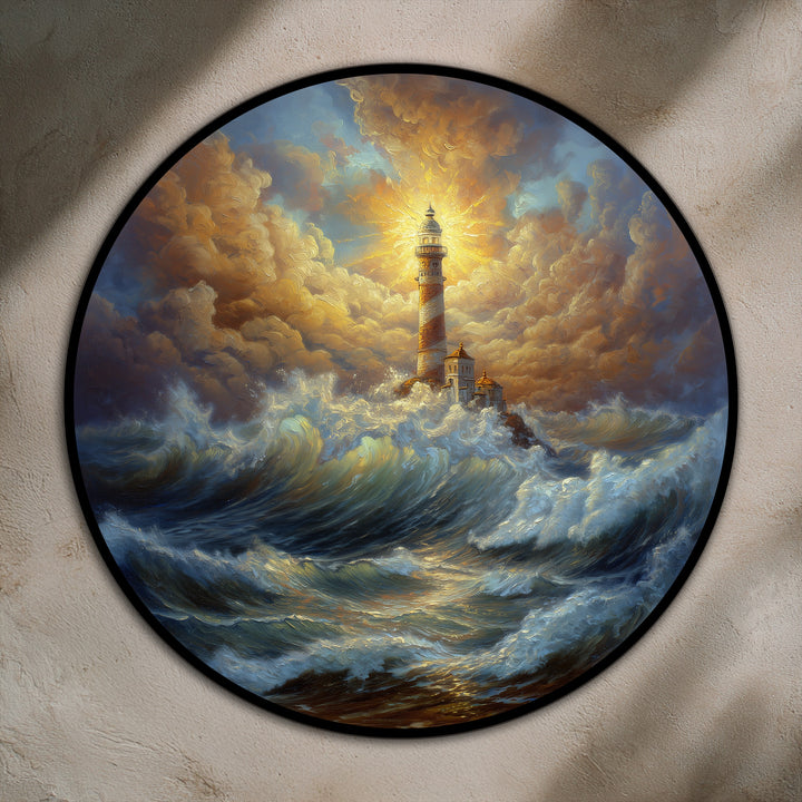 Crashing waves highlighted in sunlight dominate the foreground of this round modern oil painting art, featuring a lighthouse amidst a stormy sea.