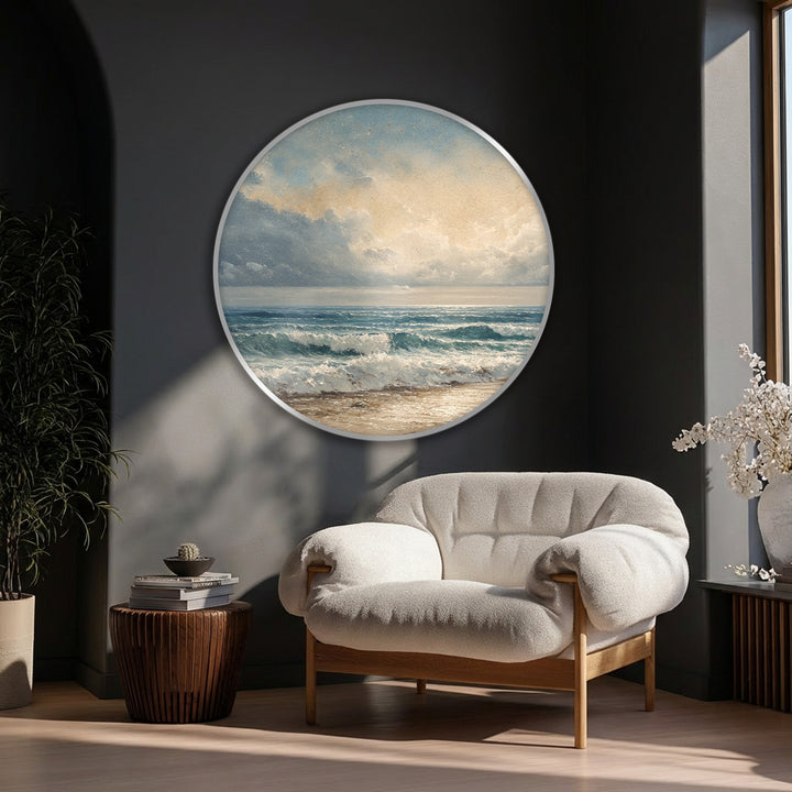 The calming seascape of the focal point showcases a unique canvas print depicting coastal waves meeting the sandy shore.