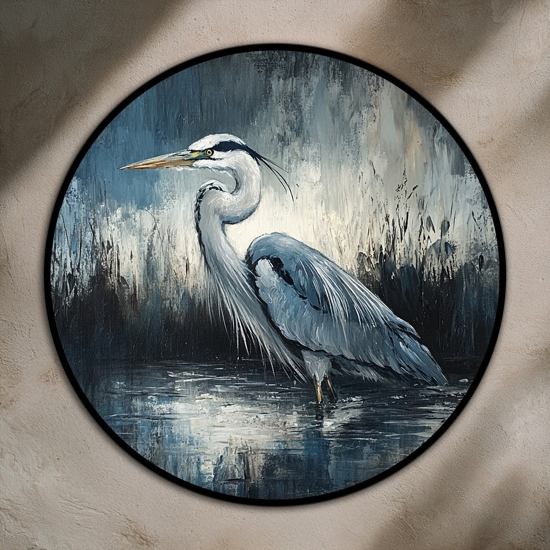 Silent Waters – Elegante garza redonda Cuadro al óleo