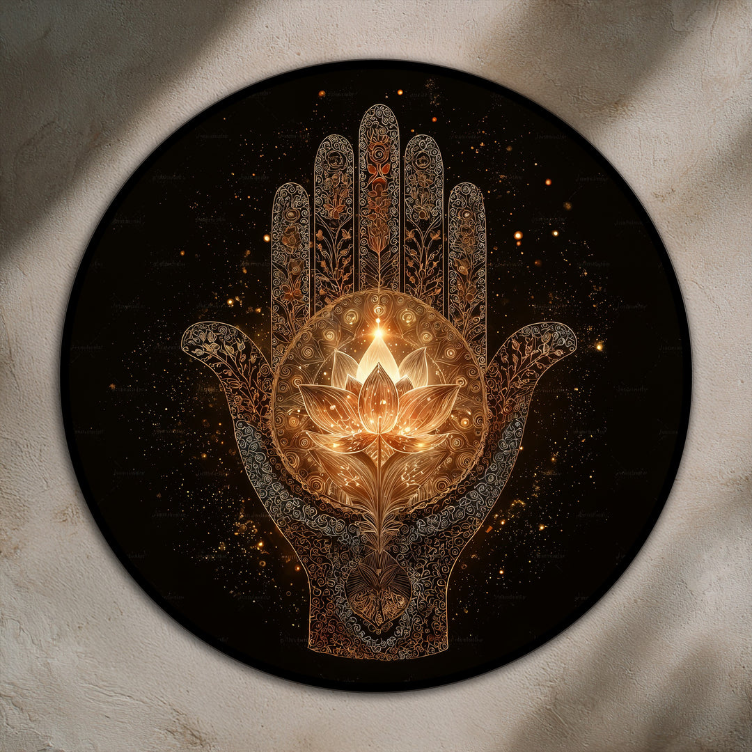 The stillness of the golden hamsa lotus round oil painting art piece emanates a sense of protective grace, revealing the beauty of sacred illumination.