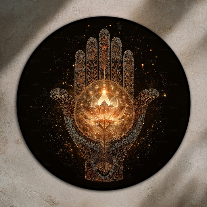 The stillness of the golden hamsa lotus round oil painting art piece emanates a sense of protective grace, revealing the beauty of sacred illumination.