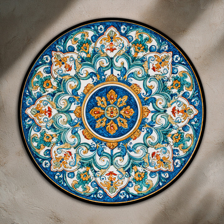 Negative space accentuates the azure hues in this round, ornamental mandala, highlighting the intricate details within the oil painting art prints.