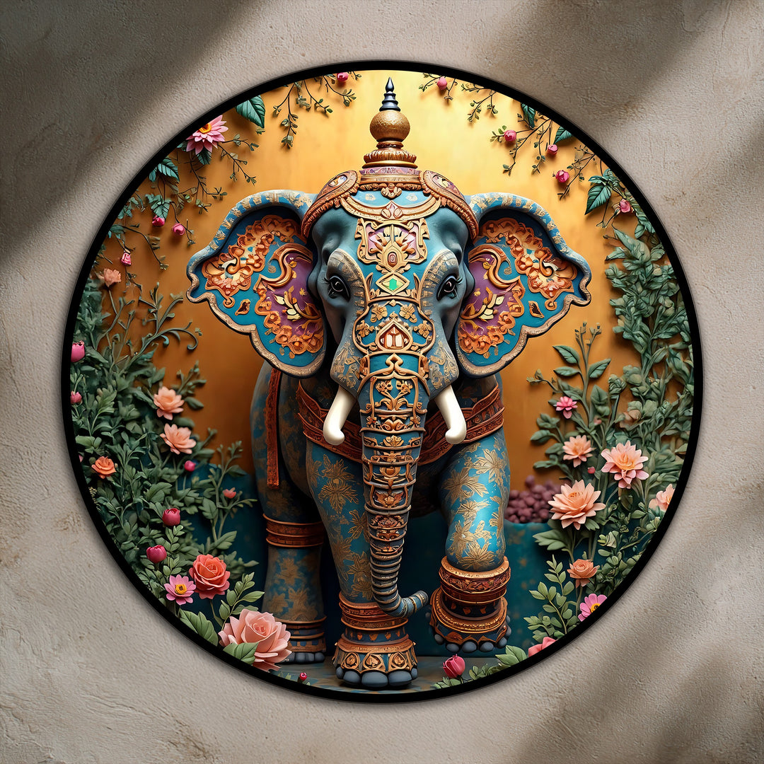 Sacred Garden Majesty – Floral Ganesha Round Oil Painting