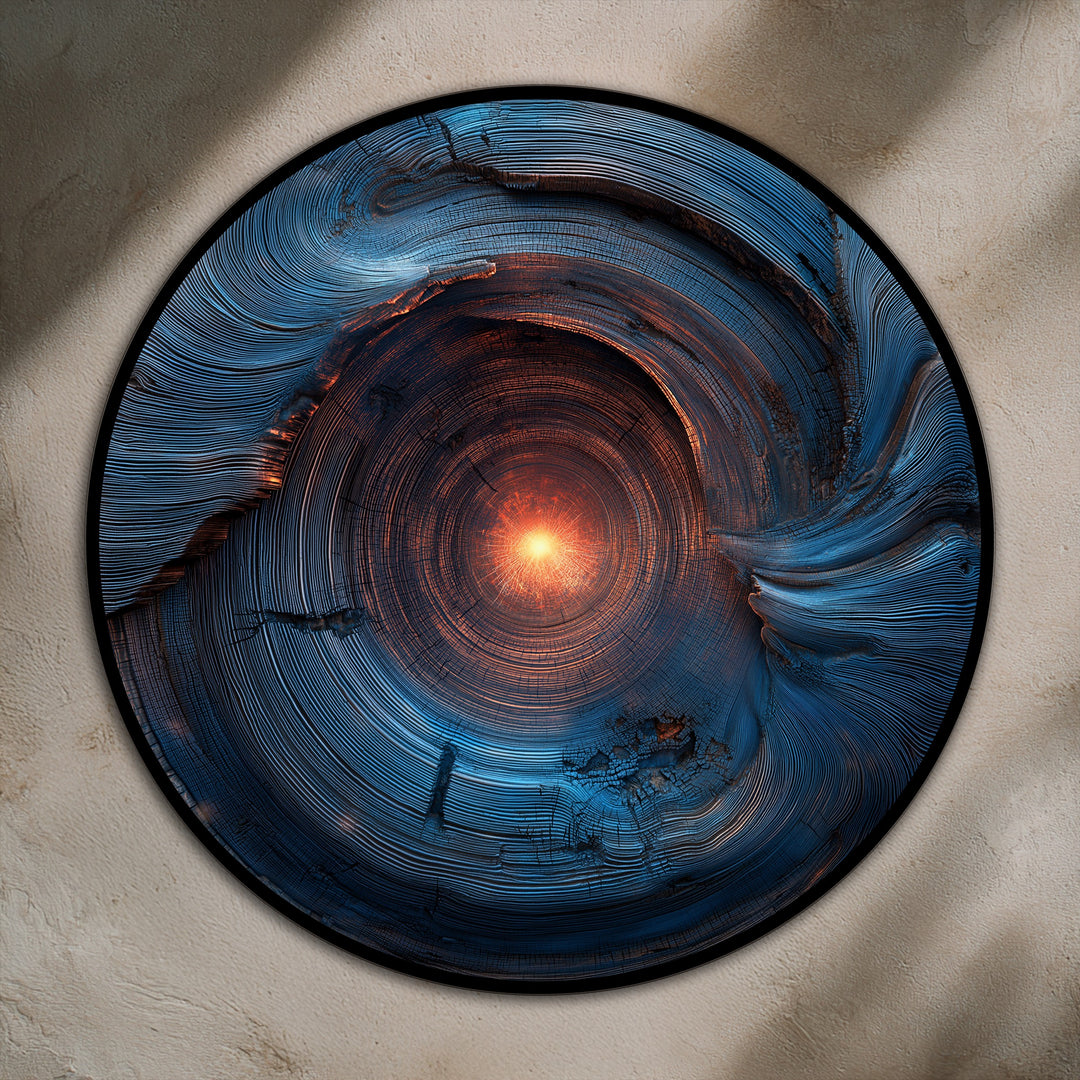 At the focal point, the luminous heart radiates outward in this abstract blue spiral round oil painting art prints, illuminating the textured wood canvas.
