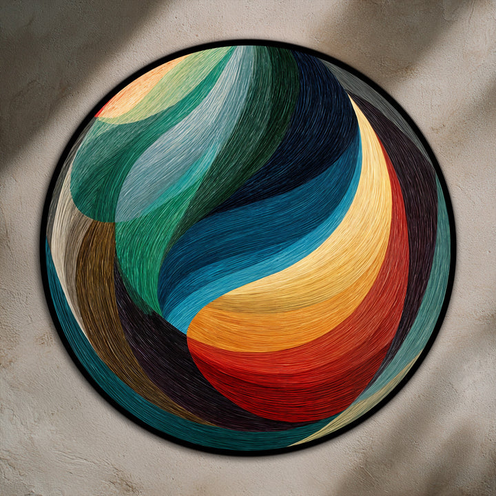 Illuminated by the brightest yellows, this swirling section highlights the captivating motion in this modern abstract round oil painting artwork.