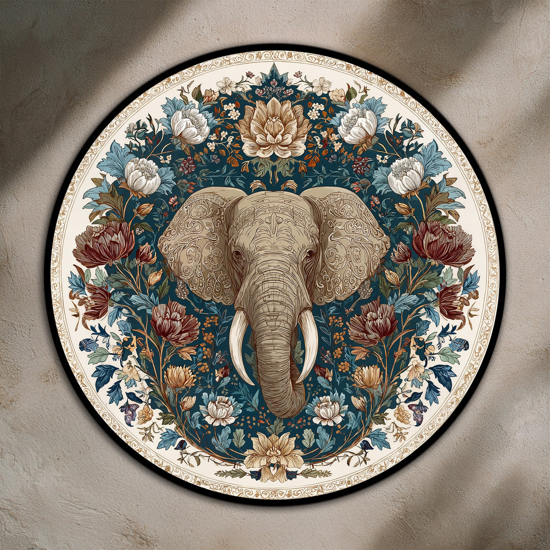 Intertwined floral organic forms envelop a central elephant in this majestic, round oil painting home decor, bringing a flourish of nature into the piece.