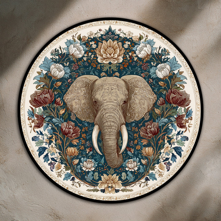 Intertwined floral organic forms envelop a central elephant in this majestic, round oil painting home decor, bringing a flourish of nature into the piece.
