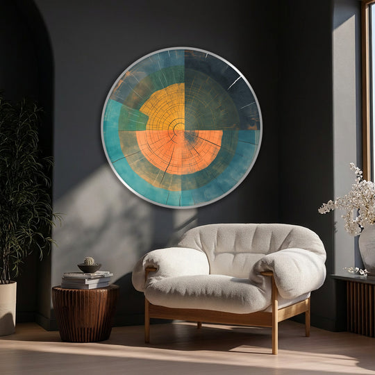 Rough surface texture defines the concentric rings and radial splits of the abstract wood ring geometry on this premium canvas decor print, enriching the modern rustic wall art.