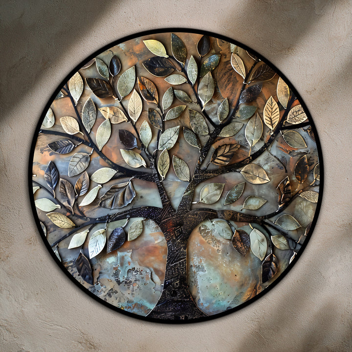 The rustic harmony round oil painting subtly showcases the transition between earthy tones in the textured metal leaf tree, offering a unique oil painting decoration.