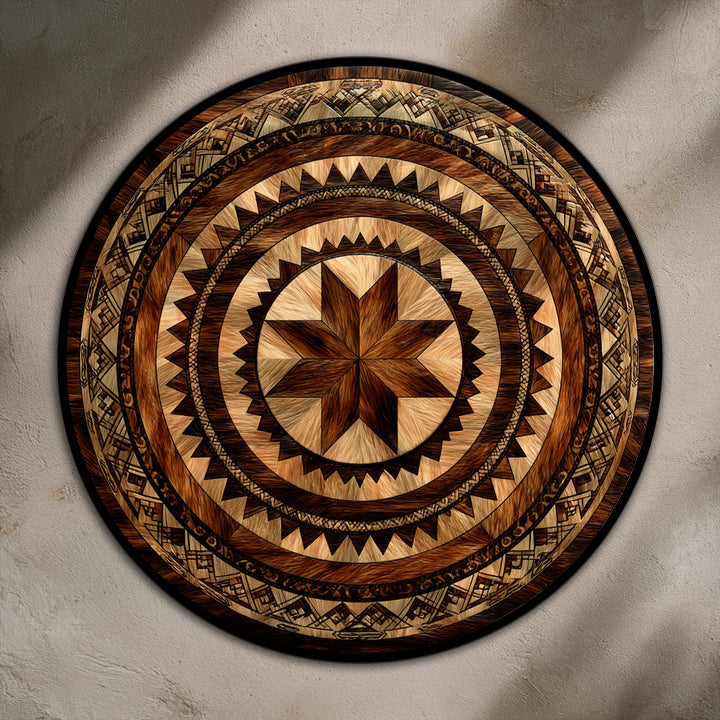 Subtle shadows soften the textured background behind the round Tribal Sunburst Mandala, highlighting the intricate details of this oil painting artwork.