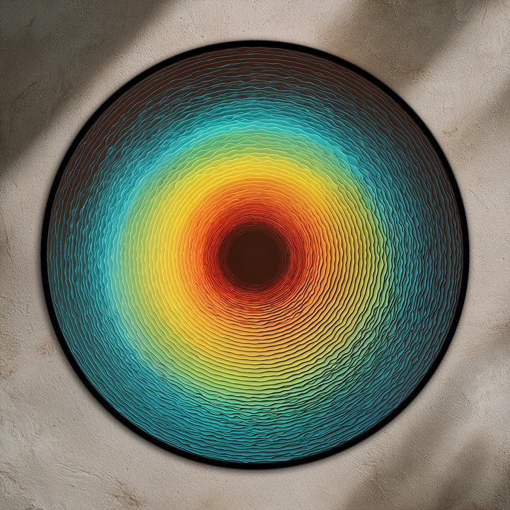 Dramatic color contrast highlights the radiant concentric circles and textured depth in this abstract round solar pulse oil painting home decor.