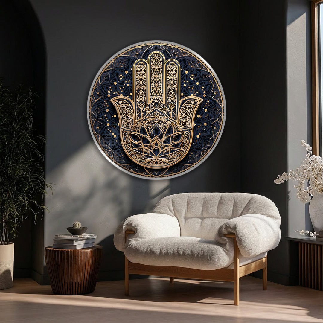 High-quality canvas pictures show the ornate Hamsa hand with golden mandala details as a spiritual wall art piece with texture and dimension.