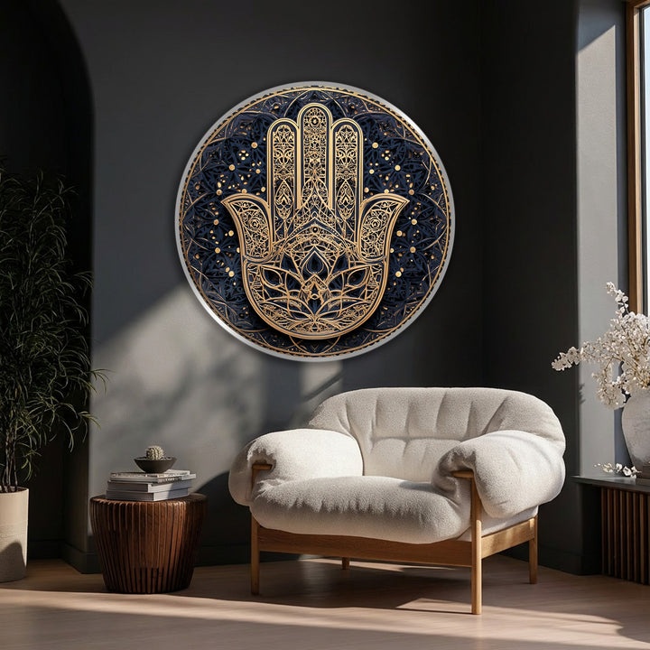 High-quality canvas pictures show the ornate Hamsa hand with golden mandala details as a spiritual wall art piece with texture and dimension.