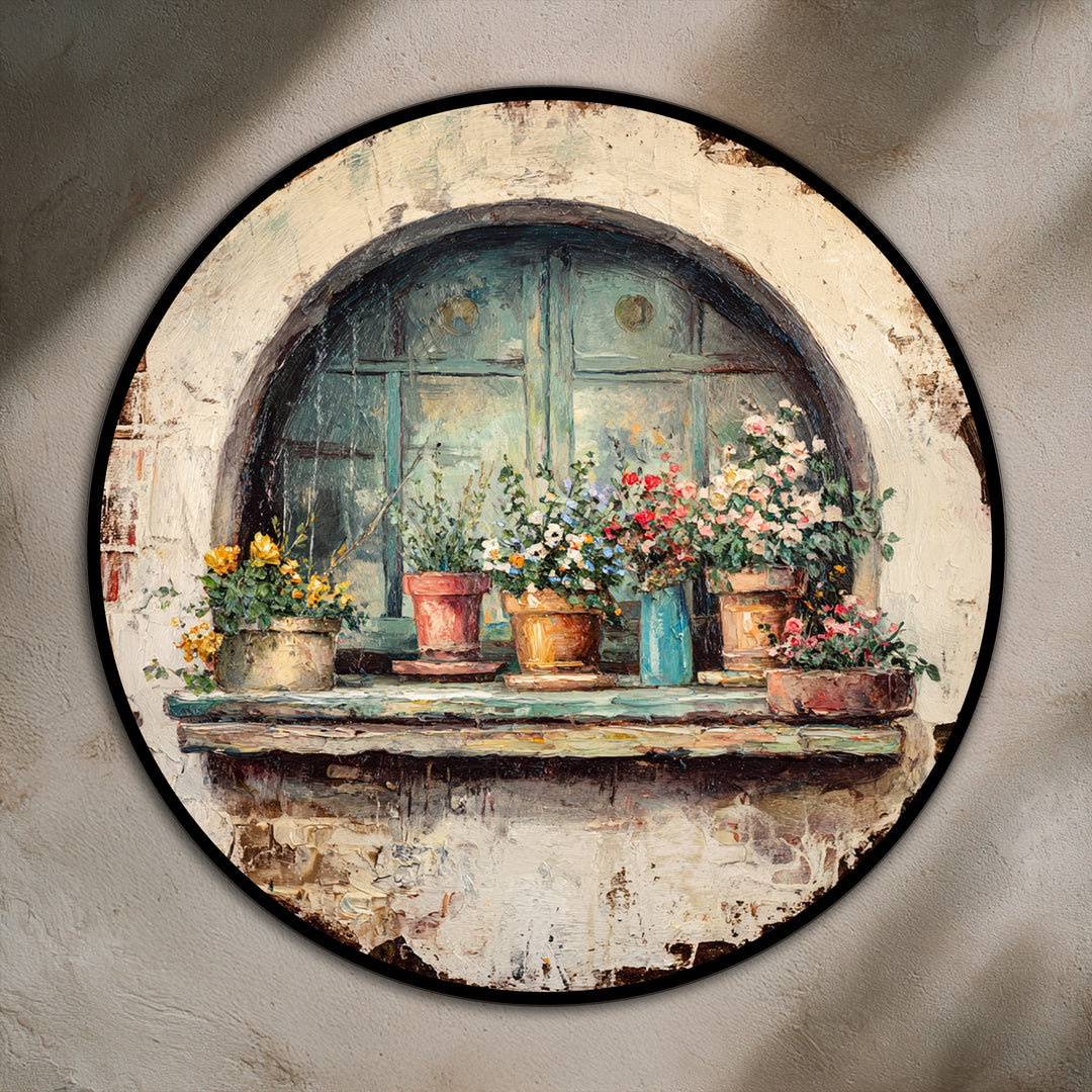 Rustic Window with Flower Pots Round Oil Painting