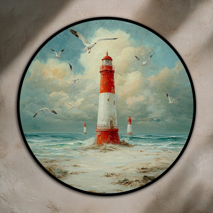 Exhibiting a textured surface, this round oil painting's material quality showcases the modern oil painting art of a coastal beacon, enhanced by the interplay of light and shadow.