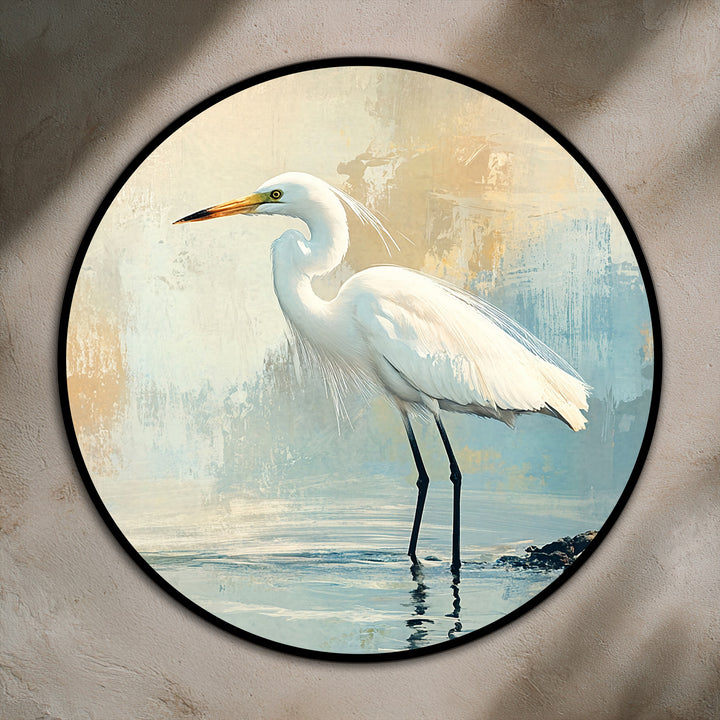 Crafted with refined brushstrokes, this modern oil painting art portrays the serene 'Morning Stillness,' showcasing a white egret in an elegant coastal oil painting.