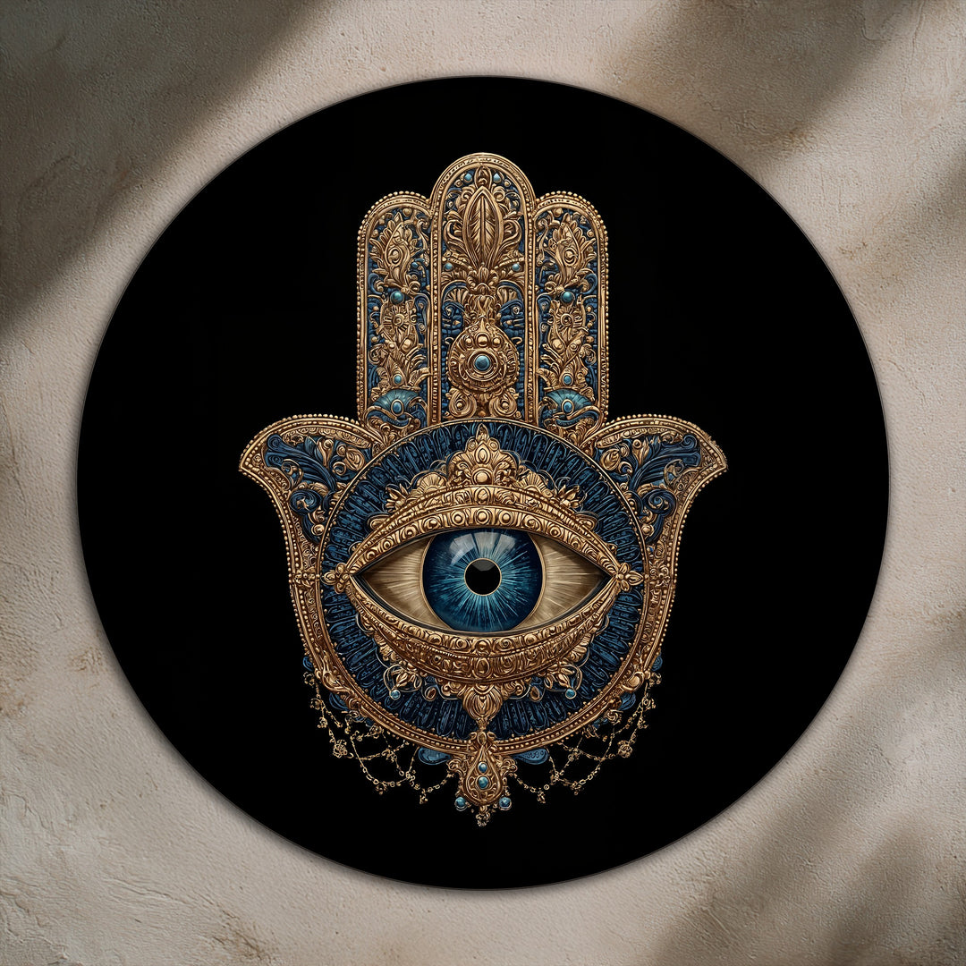 Glistening shades accentuate the eye at the center of this mystic hamsa, making it the softest element of this ornate oil painting art piece.