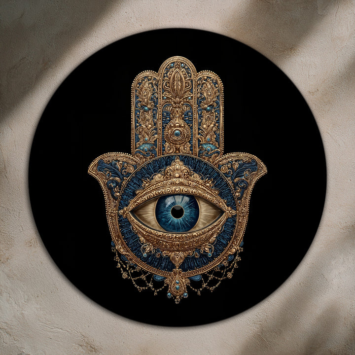 Glistening shades accentuate the eye at the center of this mystic hamsa, making it the softest element of this ornate oil painting art piece.