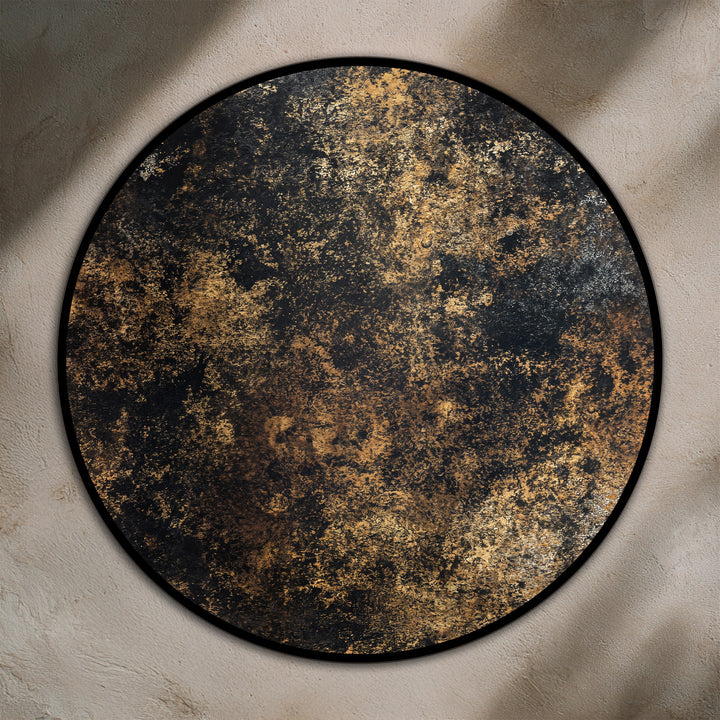 Featuring an oil painting reproduction print, the dominant colors of gold and black meld beautifully in this round wooden abstract wall art piece.