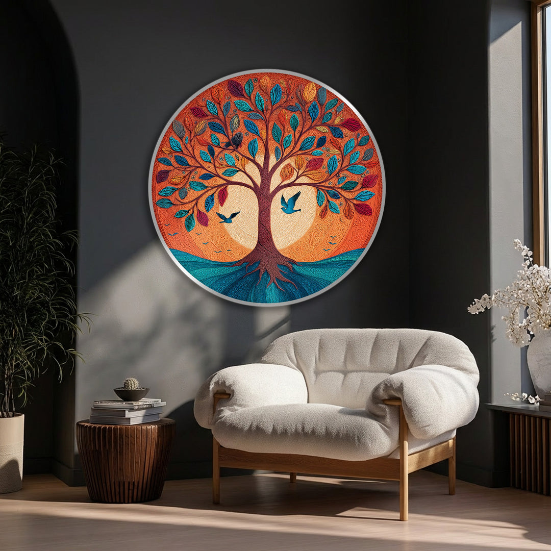 Against the dark gray background, the round vibrant Tree of Life canvas wall decor features a colorful natural scene with stylized leaves and birds.