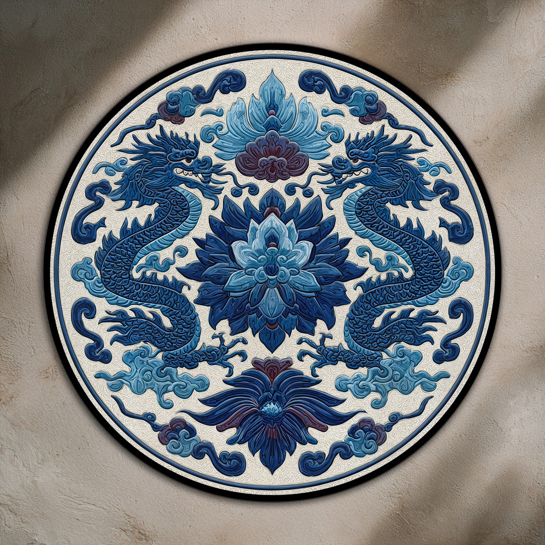 Dominating the scene, the detailed floral oil painting decoration showcases a symmetrical arrangement with twin blue dragons and floral motifs as the central subject.