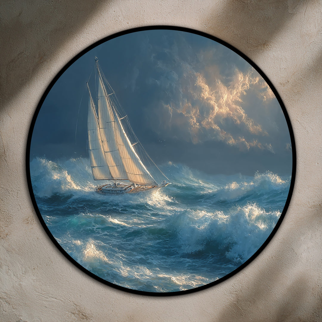 Illuminated by the brightest area, this round oil painting art piece captures a stormbound voyage of a sailboat battling dramatic waves.
