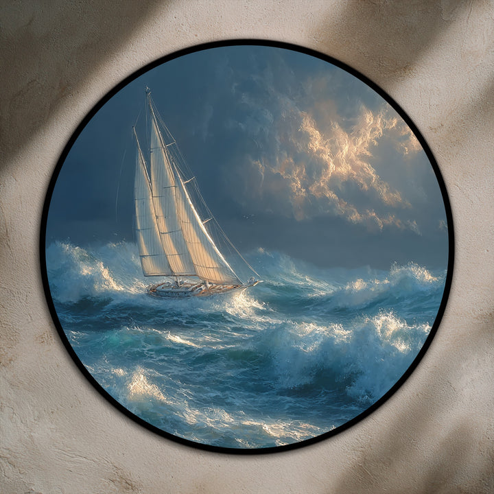 Illuminated by the brightest area, this round oil painting art piece captures a stormbound voyage of a sailboat battling dramatic waves.