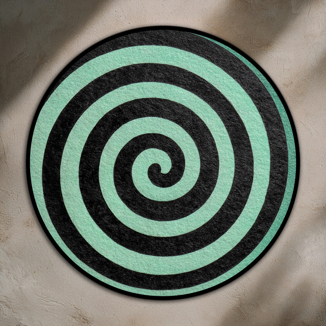 Horizontally oriented round oil painting decoration features a minimalist black spiral on a mint background, creating a modern abstract design.