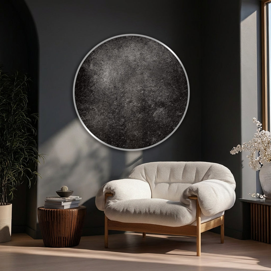 Dark Textured Minimal Round Canvas Print – Modern Black Wall Art