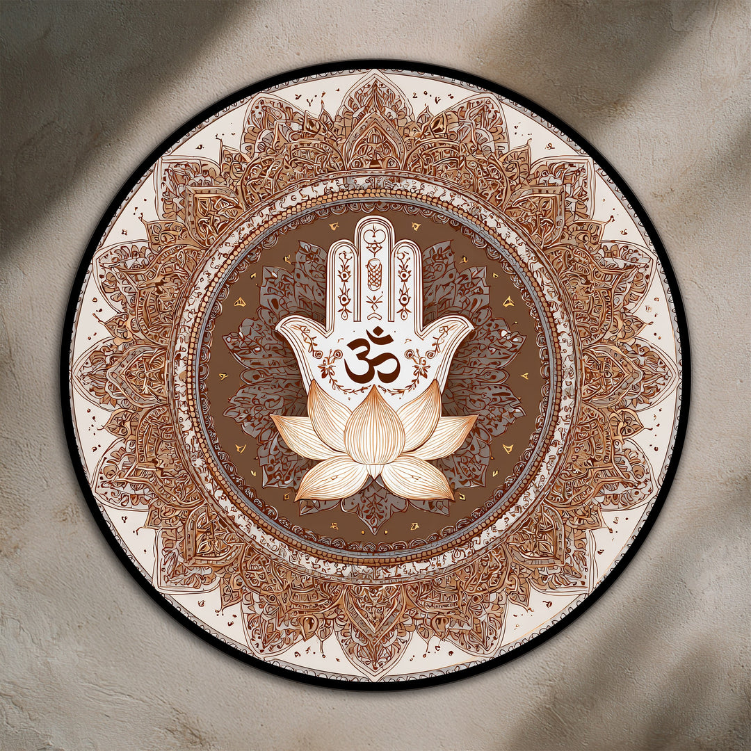 Swirling patterns create a dynamic sense of movement in this sacred lotus Hamsa, spiritual round oil painting art prints that invites contemplation.