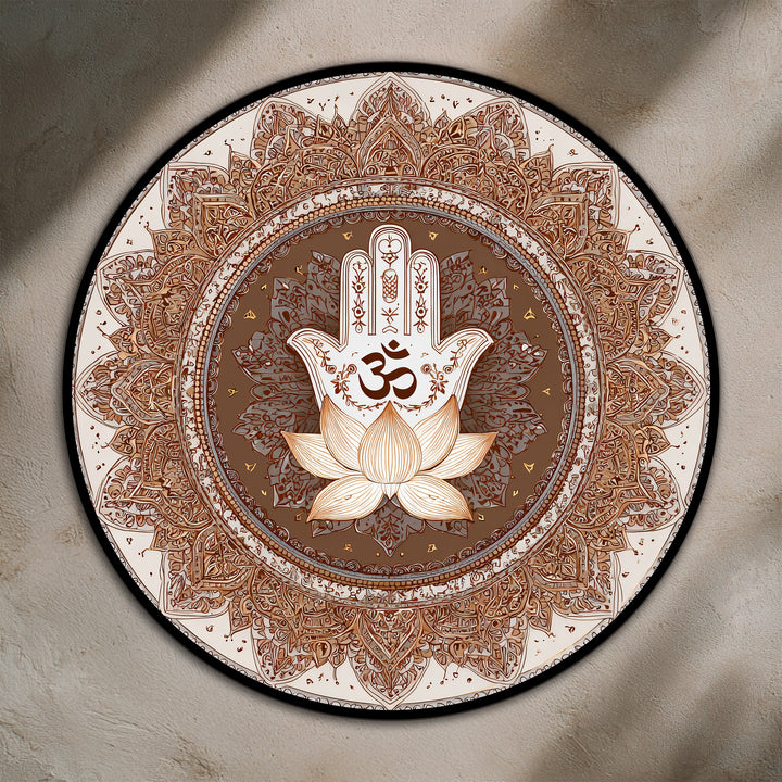 Swirling patterns create a dynamic sense of movement in this sacred lotus Hamsa, spiritual round oil painting art prints that invites contemplation.