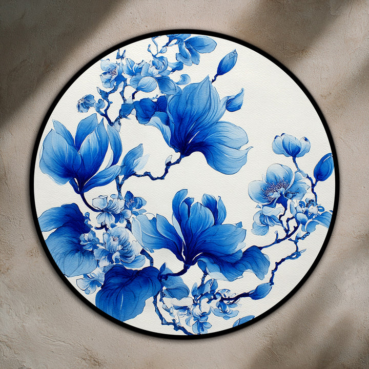 The layering effect showcases the vibrant blue magnolia blossoms of this elegant round modern oil painting art, creating depth and botanical interest.