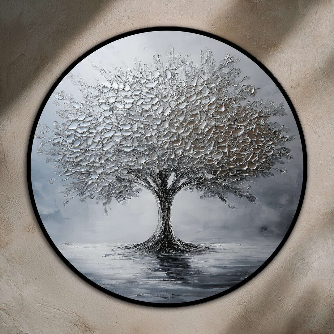 Silver Serenity – Monochrome Tree Reflection Oil Painting