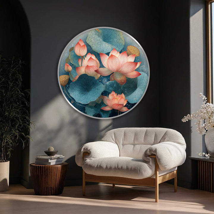 Displayed is a serene lotus bloom and lily pads round hanging canvas, the central subject of this tranquil nature wall art.
