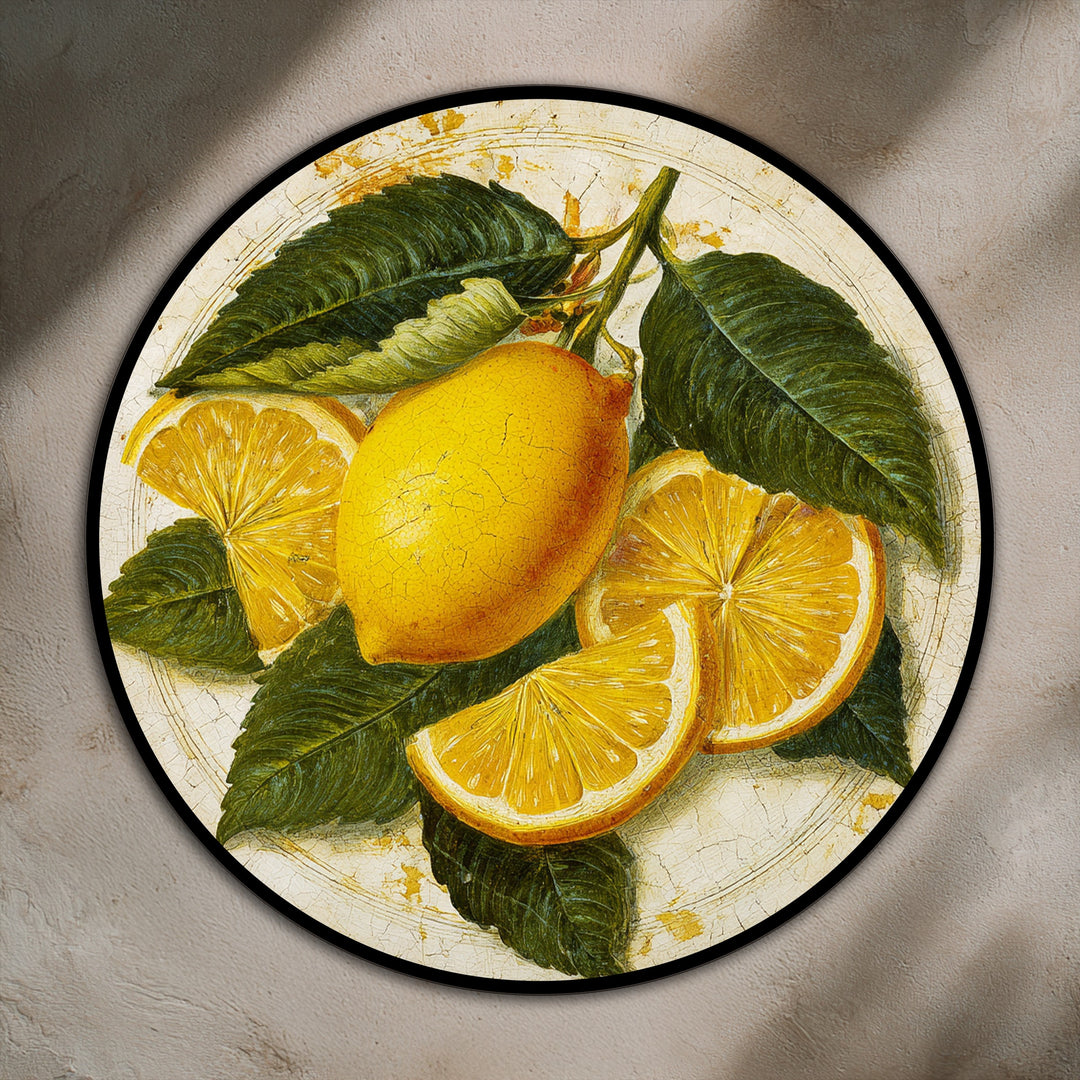 Rustic Lemon Still Life – Vintage Citrus Round Oil Painting
