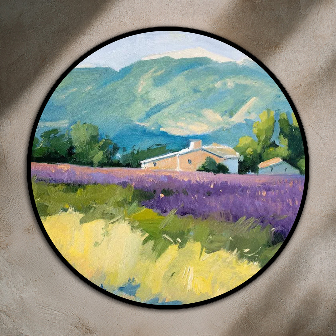 Illuminated by the sun, the foreground's yellow fields bring radiance to this modern oil painting art depicting a round Provence landscape of a horizon retreat.