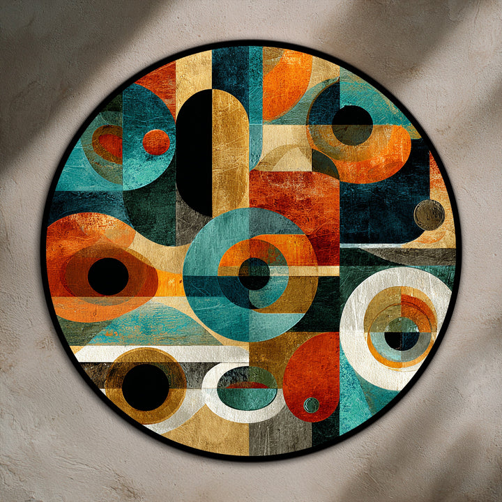 Dominated by hues of teal, gold, and orange, this retro geometric circles design offers a captivating example of modern oil painting art.