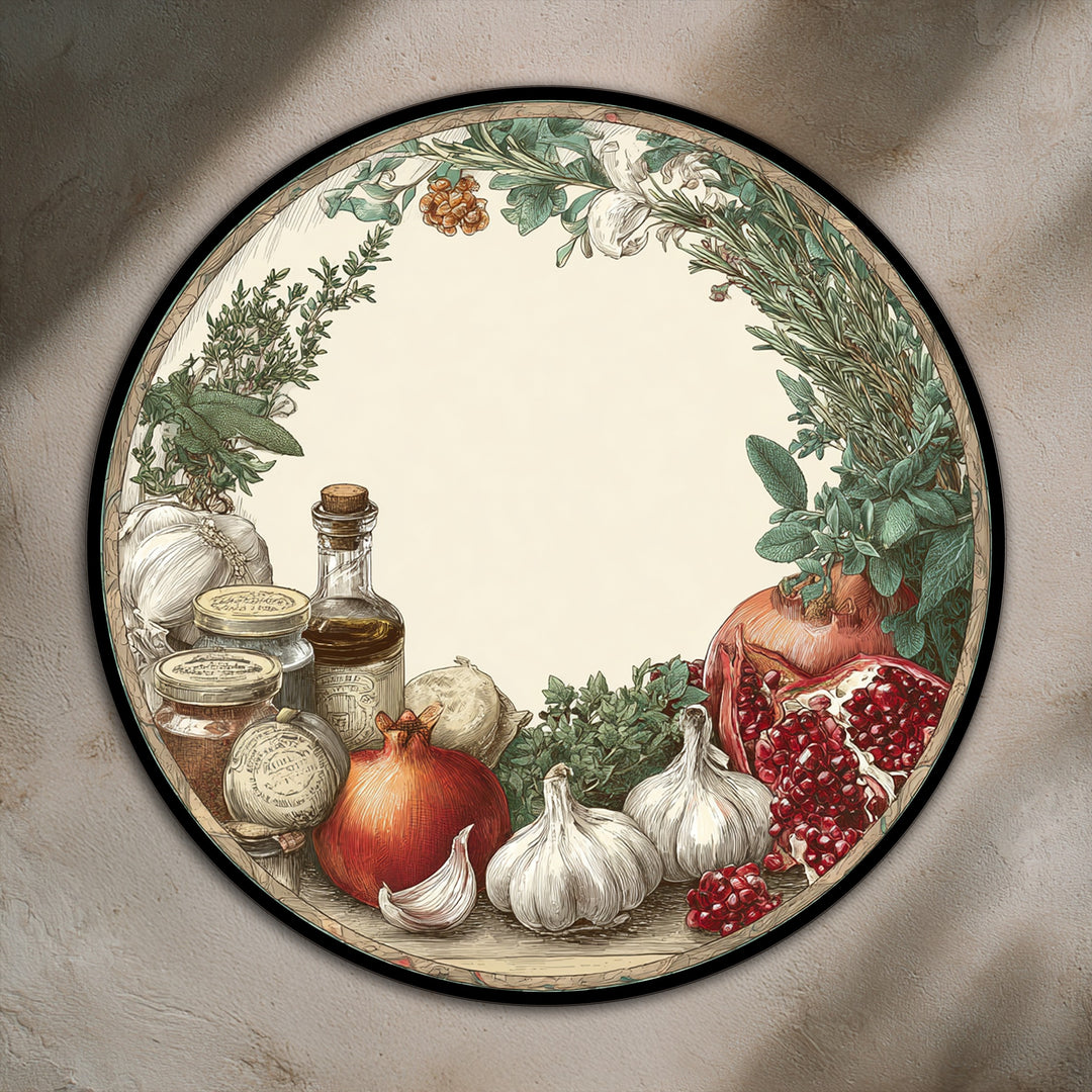 Textured, neutral-toned background highlights the vintage, hand-painted effect of this rustic kitchen harvest still life oil painting art piece.