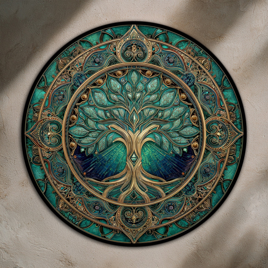Focal point of this emerald tree of life wooden oil painting wall art features intricate gold details, a stunning example of oil painting decoration, in a round, ornate design.