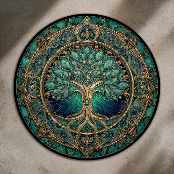 Focal point of this emerald tree of life wooden oil painting wall art features intricate gold details, a stunning example of oil painting decoration, in a round, ornate design.