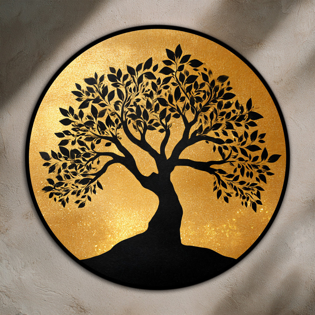 Golden Serenity – Silhouette di albero rotonda Quadro a Olio su legno