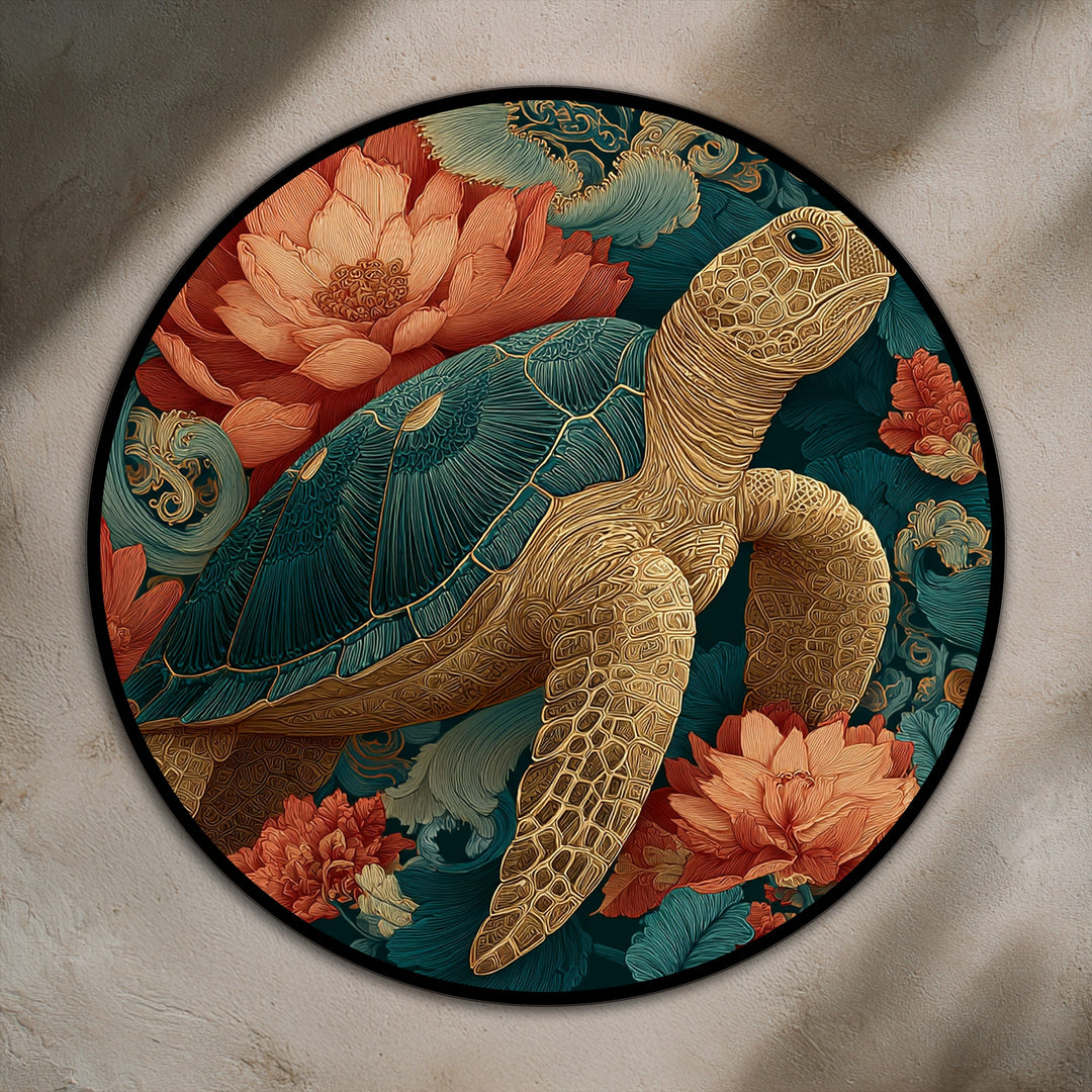 Golden Sea Turtle Among Coral Flowers Round Oil Painting on Wood