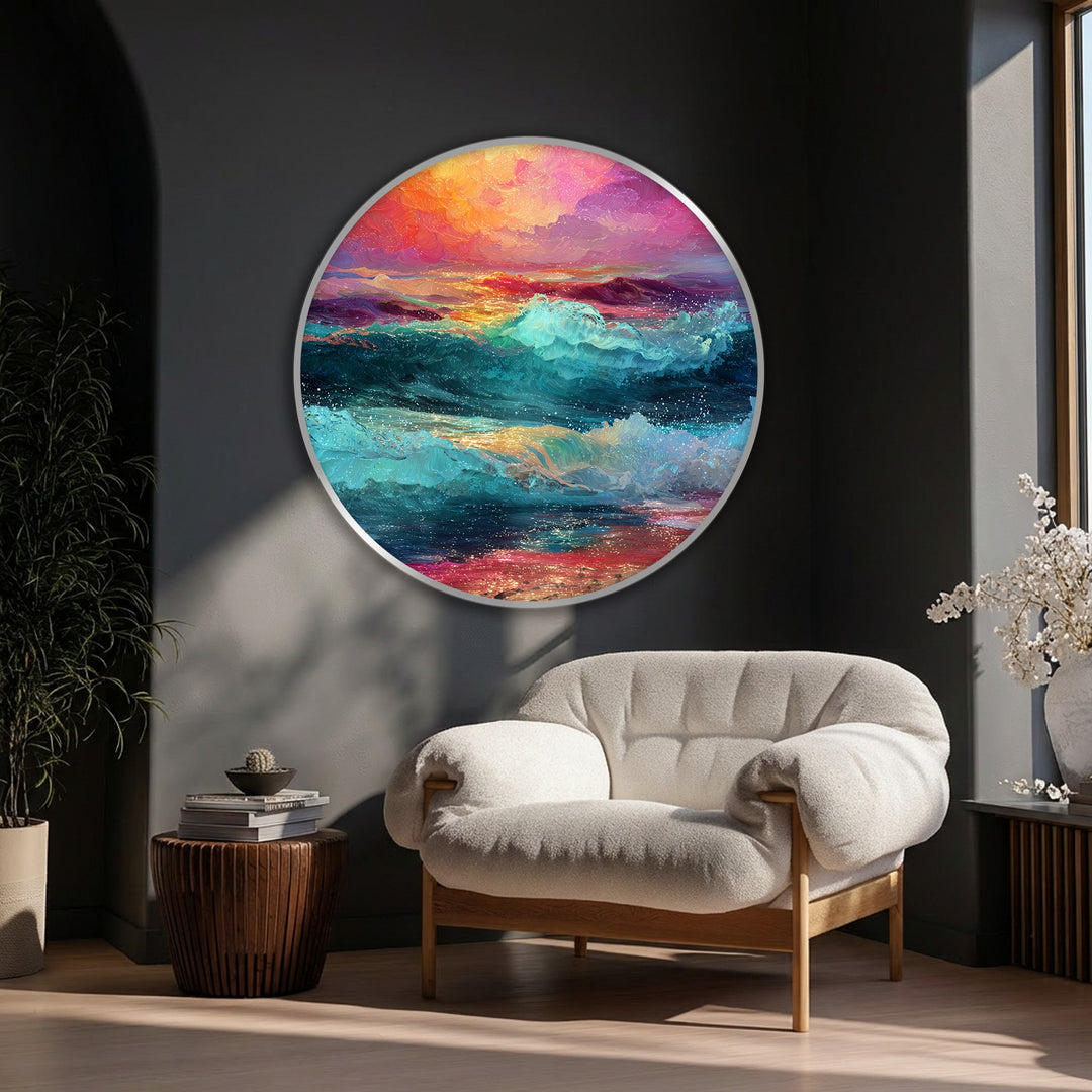 Expressing a serene yet vibrant mood, this round canvas print depicts colorful ocean waves at sunset, making it one of the best canvas prints for a tranquil home.